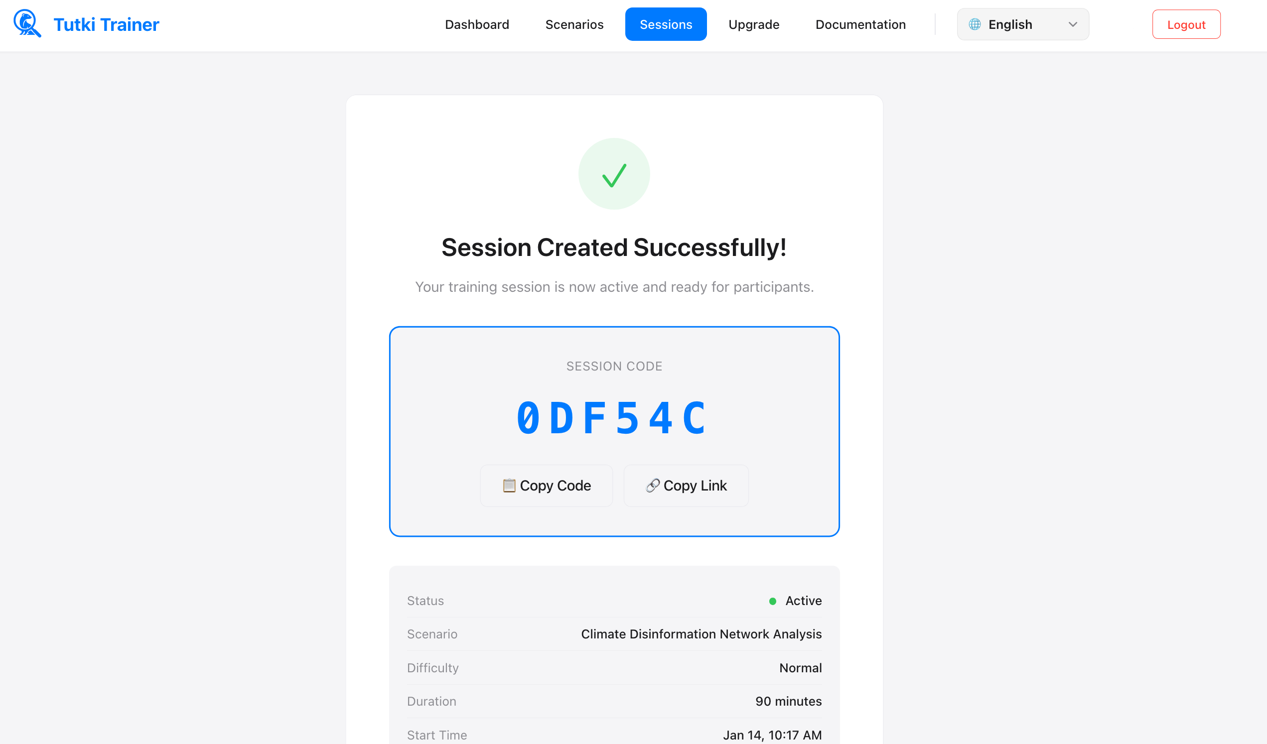Session Code Display